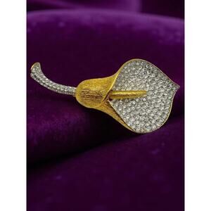 Nolan Miller Glamour Collection Crystal Calla Lily Brooch Gold Tone